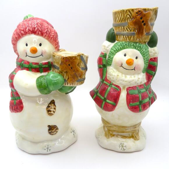 BICO Snowman Candleholder Set Christmas Ceramic Plaid Winter Decor 6 Inch Pair - Picture 12 of 12